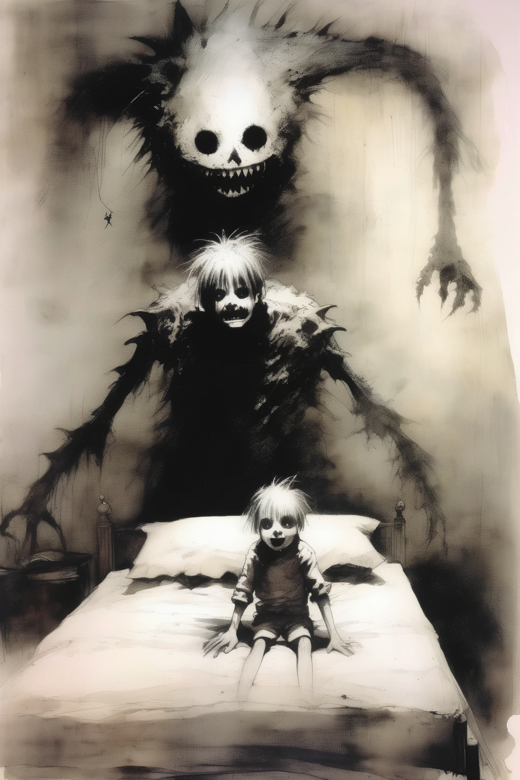 00011-2657328024-_lora_Stephen Gammell Style_1_Stephen Gammell Style - a picture of a boy going to sleep with a scary monster in the bed.png